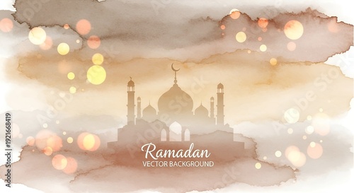 Ramadan Islamic Mosque Background with Watercolor Style and Bokeh Lights