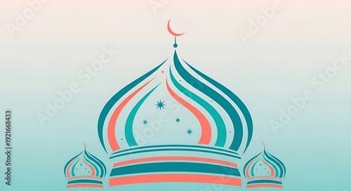 Stylized Islamic Dome Illustration with Crescent Moon and Stars in Soft Blue and Coral Colors