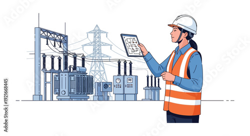 An engineer inspects electrical infrastructure with a digital tablet showcasing modern power grid technology a bold silhouette high quality professional