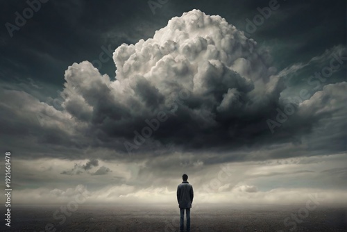 3D Digital Painting of Depressed Man Standing Below Heavy Clouds