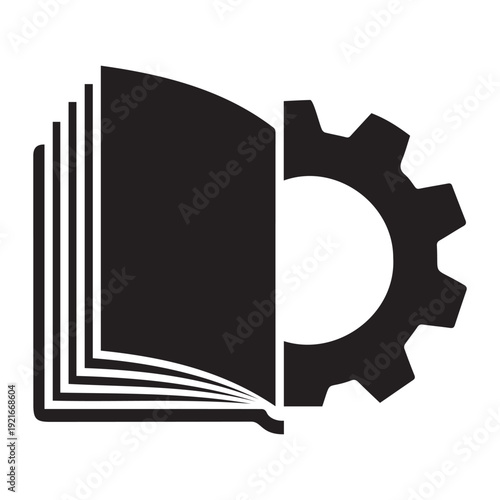 A black and white image of an open book next to a gear Vector