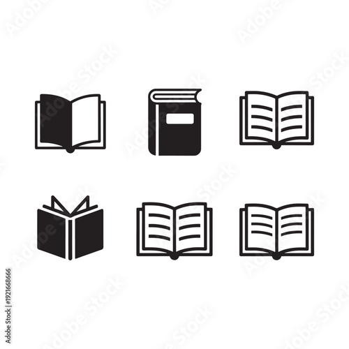 Six black and white icons depicting various open and closed books