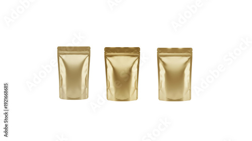 Premium gold stand up pouch packaging mockup isolated on transparent background. Ideal for product branding, food packaging, cosmetic design, and commercial presentation.