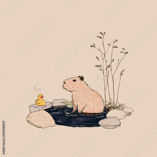 Cozy Capybara Relaxing in Hot Spring