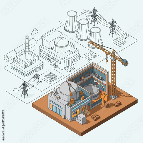Isometric illustration of nuclear power plant construction site with detailed blueprint.