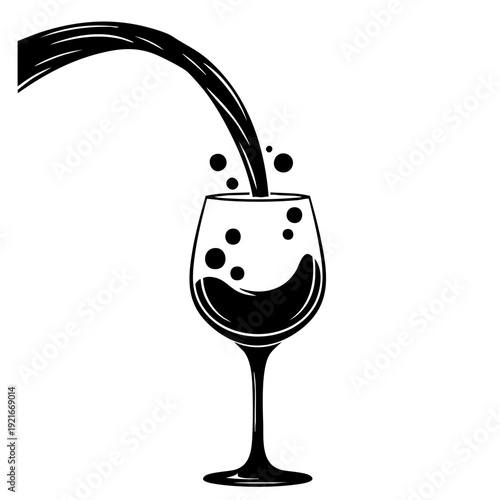 Elegant monochrome illustration of wine pouring into a glass. The wine cascades gracefully, and bubbles appear, creating a visual delight. The glass showcases a classic design