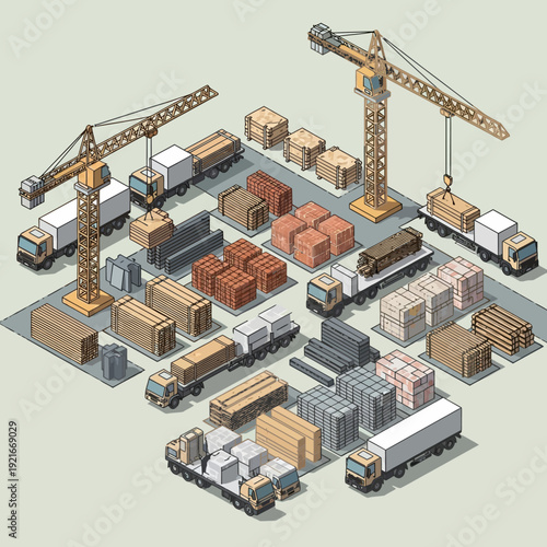 Isometric illustration of a bustling cargo yard with cranes and trucks.