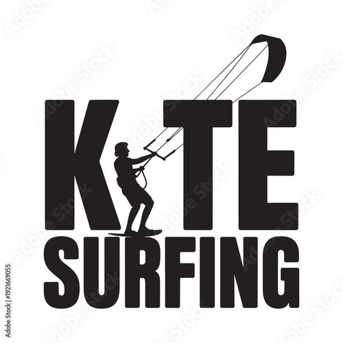 Silhouette of kitesurfer with large typography spelling kite surfing