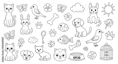 Black and white dog cat animal icons.