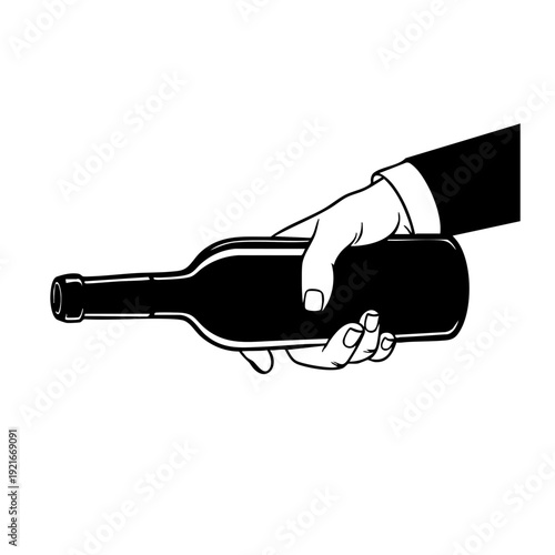 A hand elegantly holding a sleek, dark wine bottle. A monochrome illustration, the hand and bottle are the focal points
