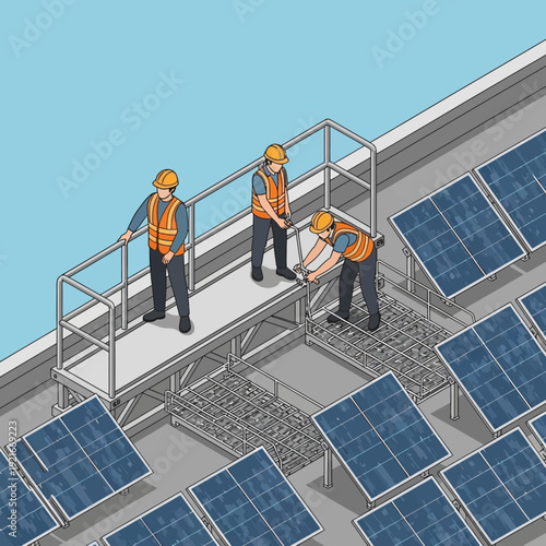 Workers installing solar panels on a rooftop with safety gear.