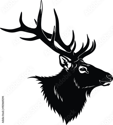 Black Silhouette of a Majestic Stag Head with Large Antlers deer