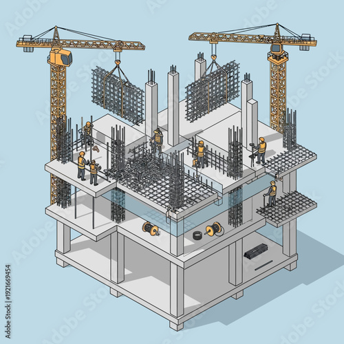Isometric illustration of a construction site with cranes and building structure.