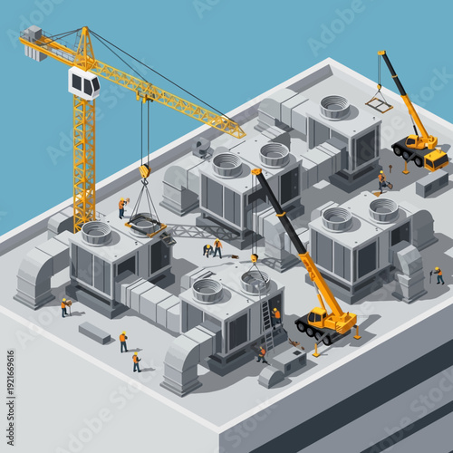 Isometric illustration of construction site with cranes and workers.