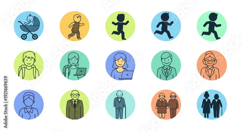 Collection of diverse people icons representing different ages and professions.