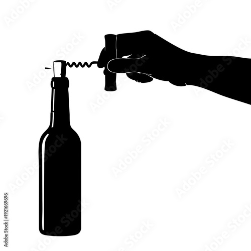 A silhouette image of a hand using a corkscrew to open a bottle of wine