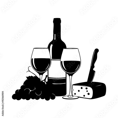 Elegant still life of red wine with grapes and cheese arranged beautifully