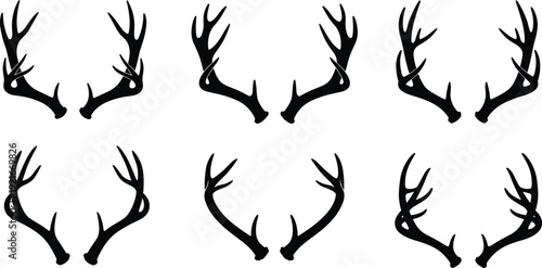 Six Pairs Of Black Deer Antler Silhouettes Isolated On White antlers stag
