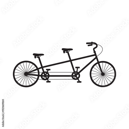 A simple black silhouette depicting a tandem bicycle on a white background
