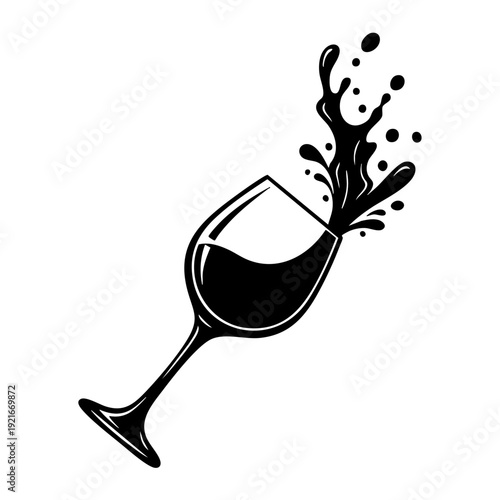 A black silhouette of wine pouring from a tilted glass. A minimalist illustration with a dynamic feel