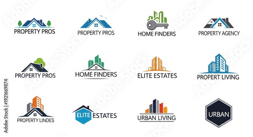 Collection of real estate logos and icons for property business.