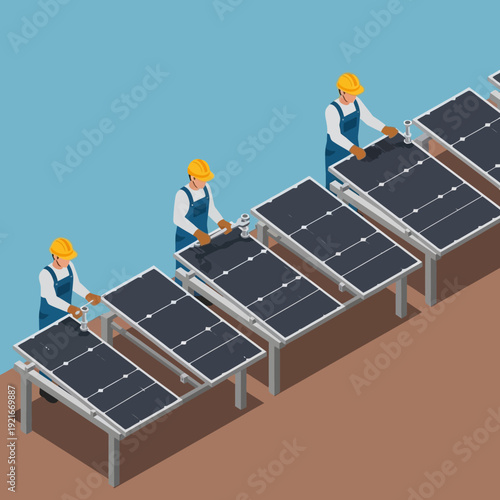 Technicians installing solar panels on metal frames outdoors.