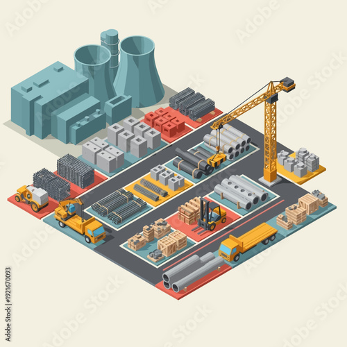 Industrial construction site with factory buildings and machinery.