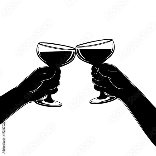 Cheers! Silhouette of two hands clinking wine glasses in a toast, celebrating togetherness, friendship, and joy.