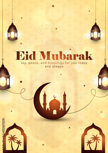 Happy Eid Mubarak greeting card with gold mosque and lanterns on green and red, Luxury Islamic festival poster with golden crescent moon and palm tree silhouettes, Ramadan Kareem celebration banner wi