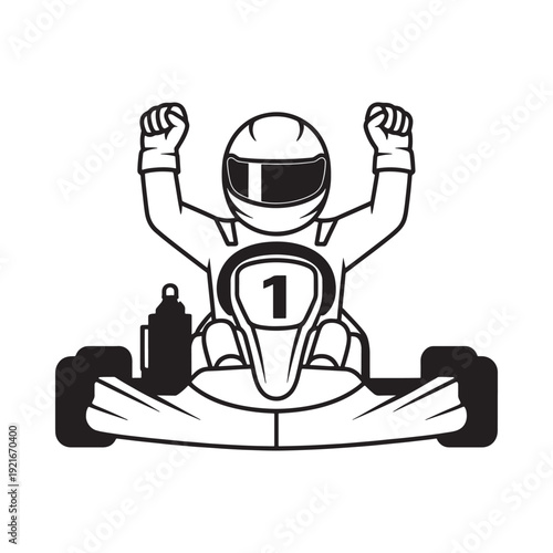 A triumphant racer celebrates victory in a go kart with number one