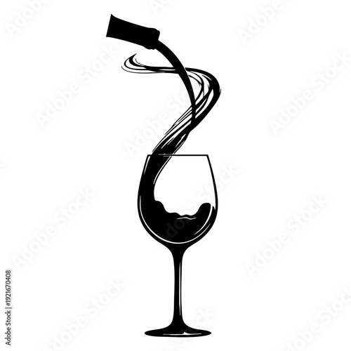 Elegant wine glass with swirling wine pouring from a bottle, in a stylish black and white illustration. Capturing the essence of a fine dining experience