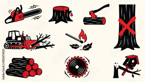 Logging and Deforestation Vector Icons Collection