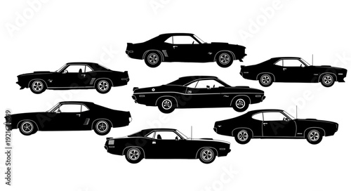Collection of vintage black muscle cars arranged in a dynamic composition.