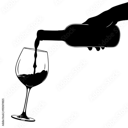 Elegant silhouette of a hand pouring wine from a bottle into a glass. The scene is stylish and sophisticated, conveying a sense of luxury and refinement. 
