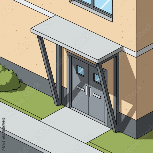 Modern building entrance with sleek gray doors and awning.