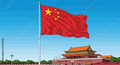 Chinese flag waving in front of iconic Tiananmen Gate