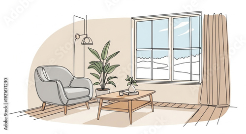 Cozy armchair and coffee table in a bright living room with a large window.