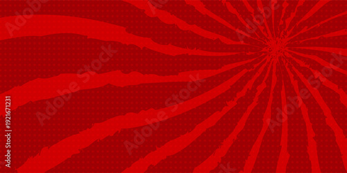 Red sunburst background. Retro background with sun beam. Comic rays. Red bright sunbeams. Light texture backdrop for japanese style. Summer pattern with shiny flare for poster and banner. Vector