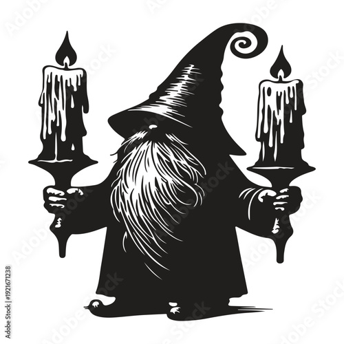 Old wizard holding two dripping candles with a long beard and pointed hat