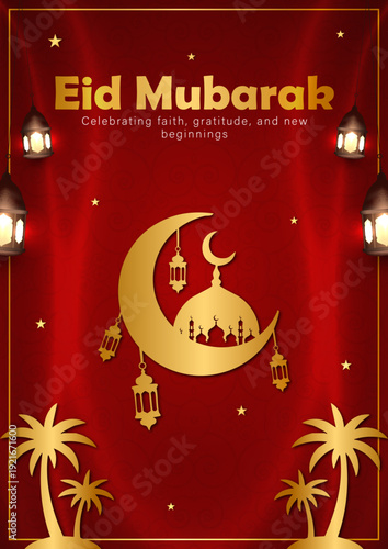 Eid Mubarak greeting card with gold crescent and lanterns on red background, Luxury Islamic festival poster with golden mosque and lanterns on green, Ramadan Kareem celebration banner with gold palm t