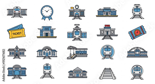 Collection of train station and train icons.