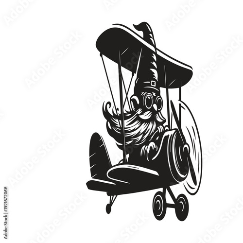 Vintage Aviator in Goggles Flying a Biplane black and white