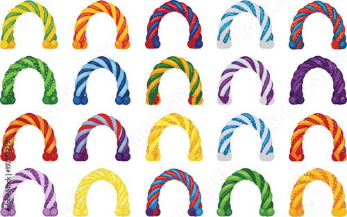 Colorful Candy Cane Arch Vector Set with Twisted Sweet Rope Shapes for Holiday, Celebration, Decoration, and Festive Design Projects