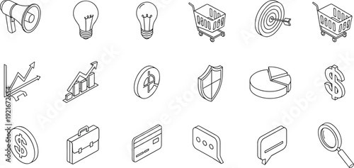 Isometric business finance marketing icons, growth charts, e‑commerce shopping cart, dollar sign, credit card, communication bubbles, security shield, analytics