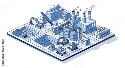 Isometric industrial complex with mining equipment factories and infrastructure rendered in a striking silhouette high quality professional detailed modern elegant stylish