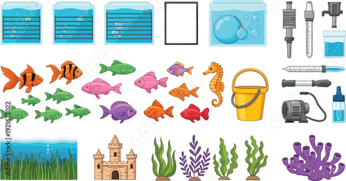 Aquarium and Fish Tank Vector Icon Set with Tropical Fish, Water Plants, Filters, Pumps, Decorations, and Underwater Accessories