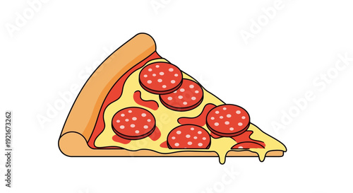 A slice of pizza with salami topping and melting cheese.