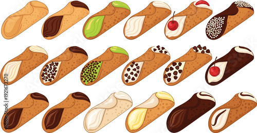 Cannoli Dessert Vector Icon Set with Filled Italian Pastry Rolls, Cream, Chocolate, Pistachio, and Cherry Toppings for Bakery Designs