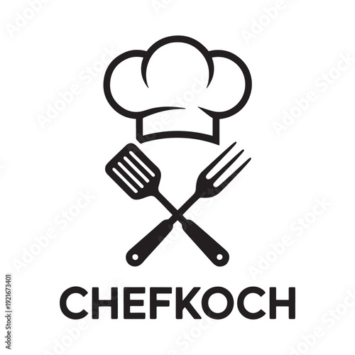 A black and white logo featuring a chef s hat fork and spatula