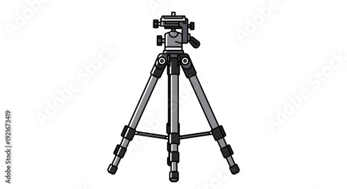 A gray camera tripod stands tall on a white background.